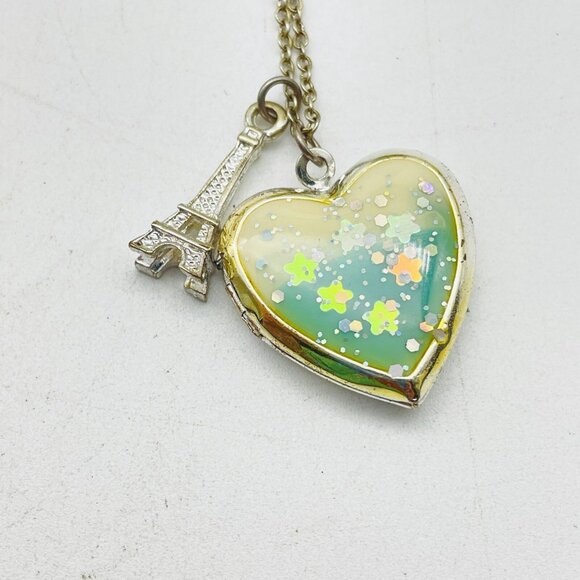 Signed Claire’s Heart Locket Pendant Necklace with Iridescent Eiffel Tower Paris - Picture 7 of 8